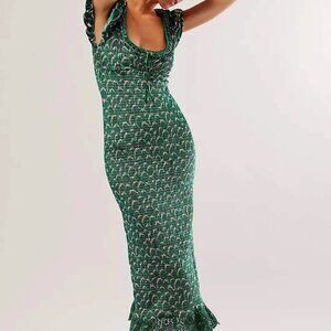 Free People Green Smocked Midi Dress Ruffle Sleeve Floral Bodycon Boho
